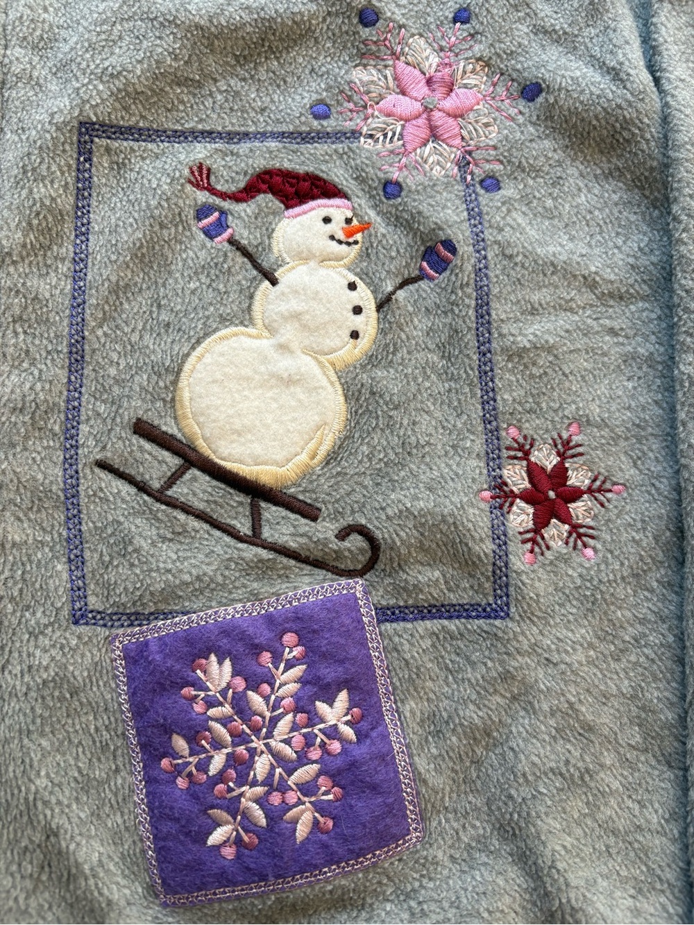 Late 90s Y2K Fleece Jacket Grandmacore Embroidered Snowman Croft & Barrow Gray M - Picture 4 of 9